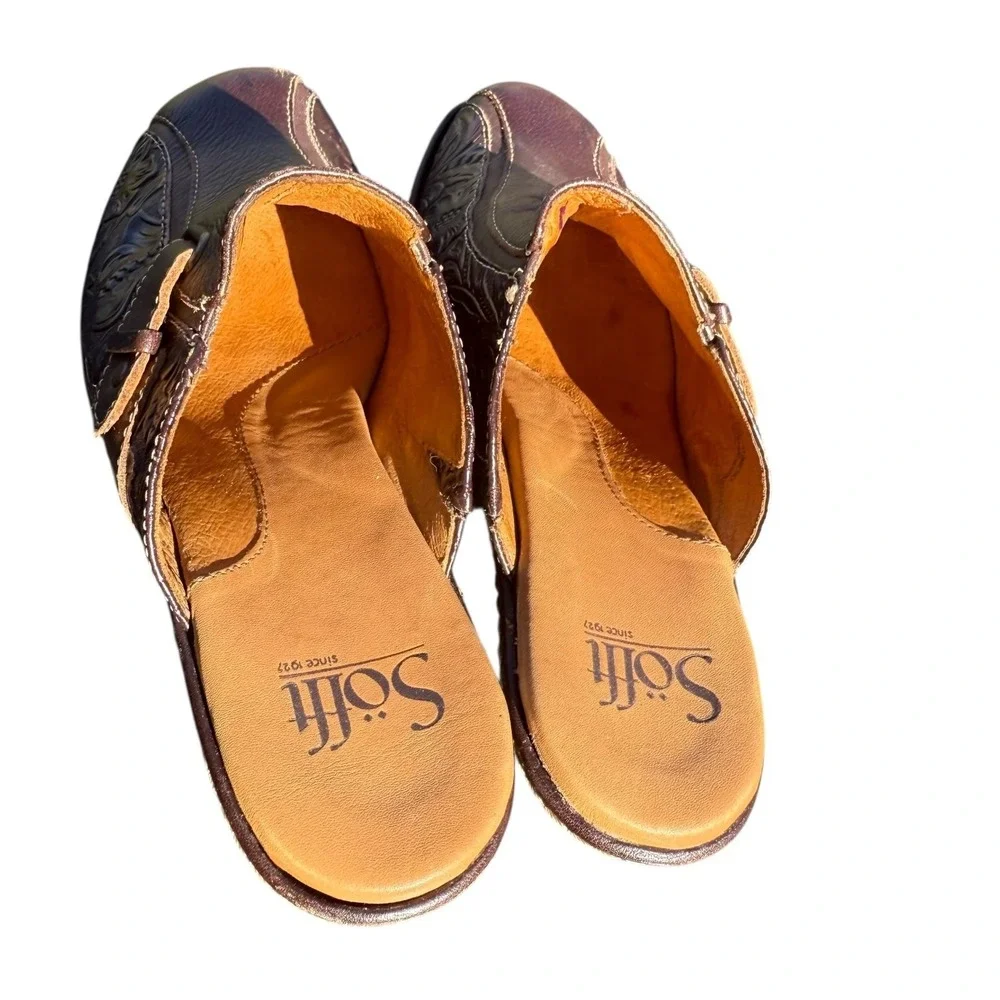 Söfft Tooled Brown Leather Slip-On Heeled‎ Mules Women's 7 - Picture 10 of 16